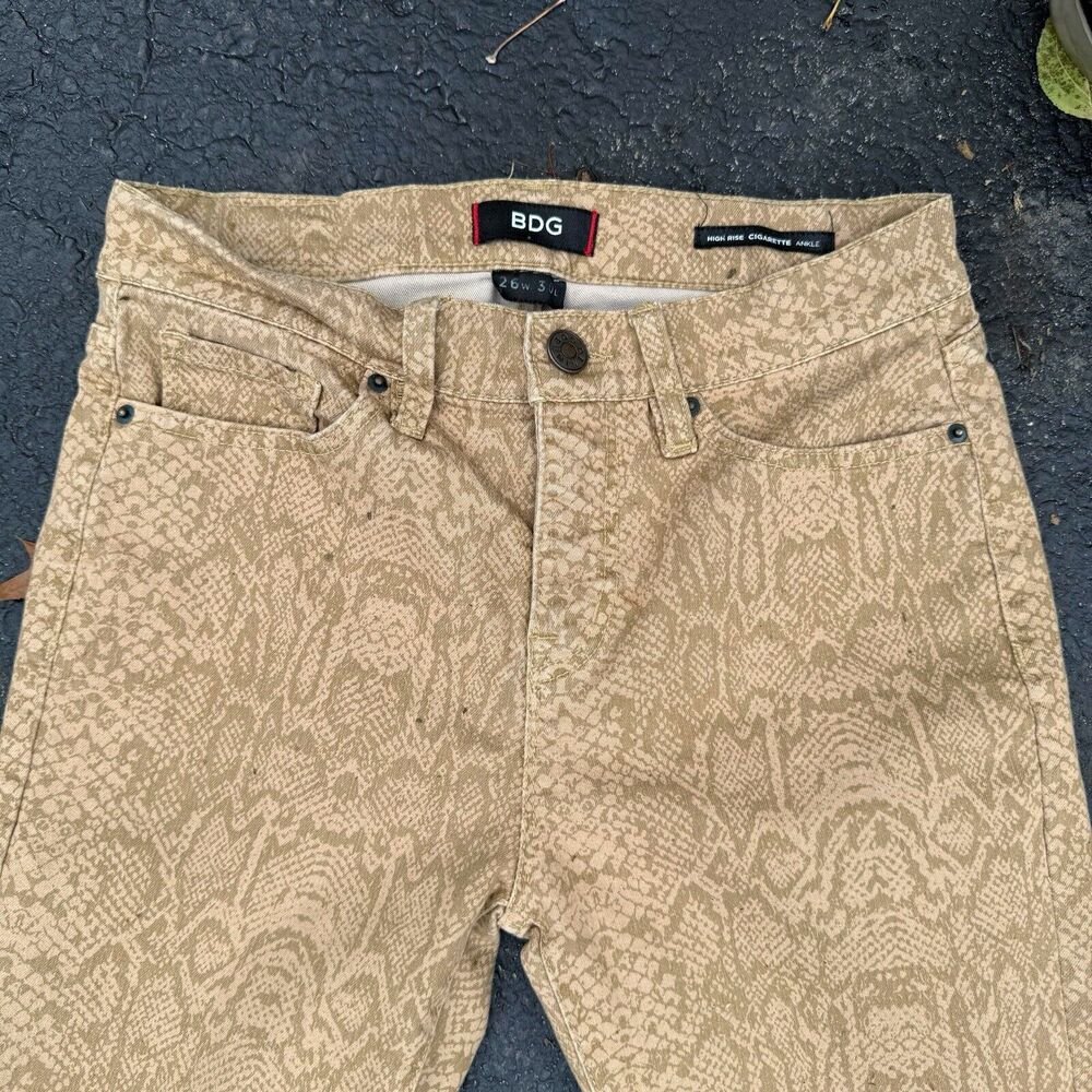 BDG High Rise Cigarette Ankle Skinny Jeans 26x30 Gold Snake Print Cotton Stretch